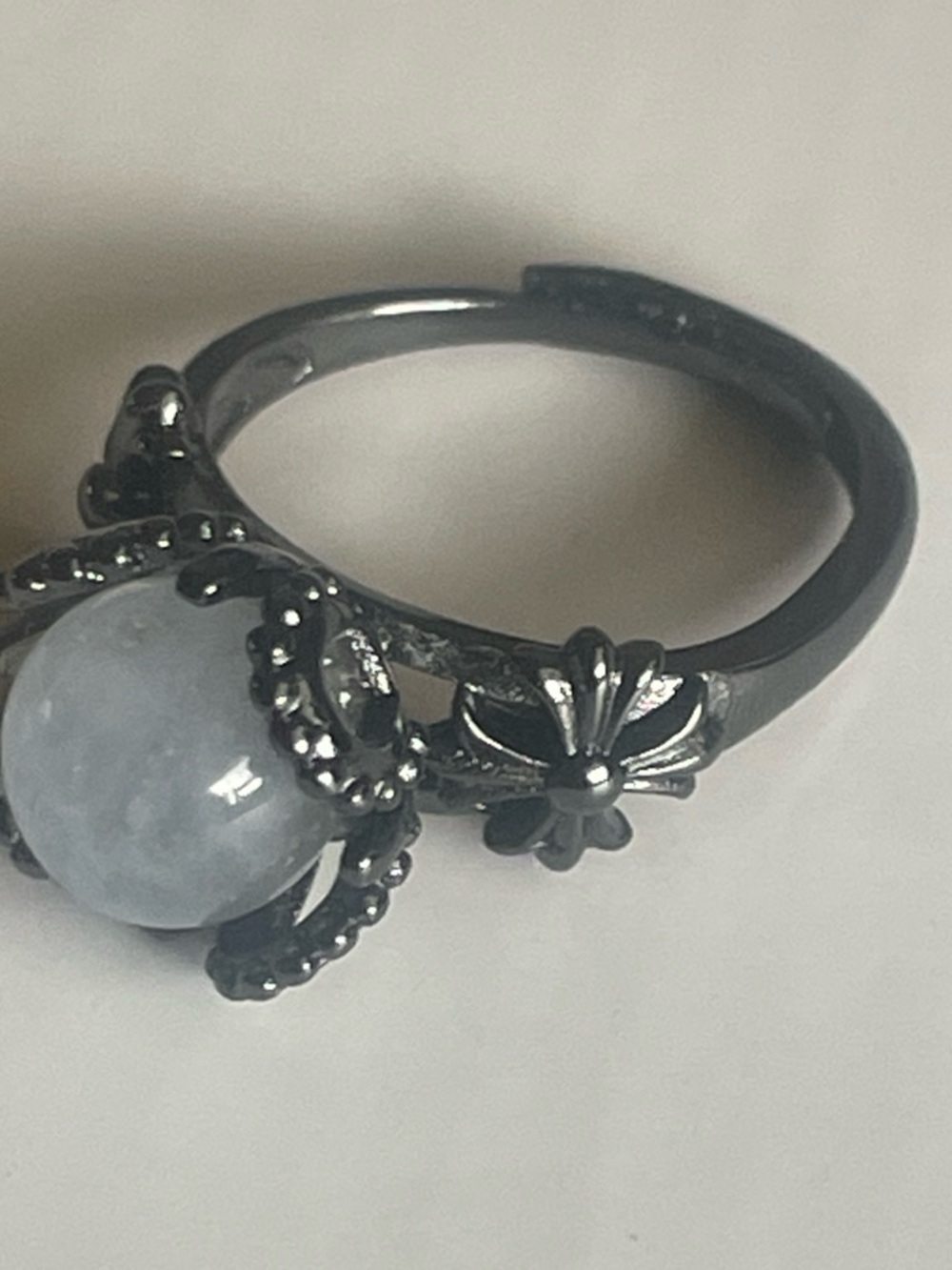 Women’s Black Floral Band Ring with Light Blue Gemstone. # 6 or Adjustable